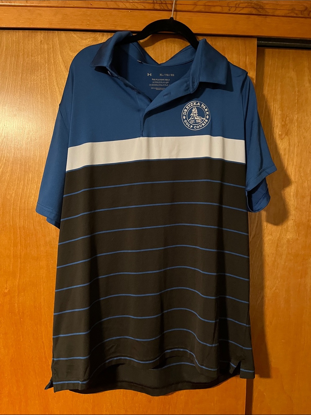 Under Armour Blue and Black Striped Golf Polo with White Chest Band